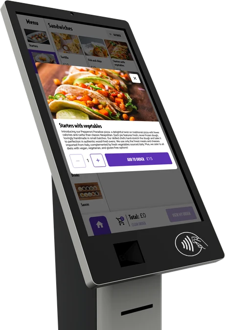 Kate One kiosk showing the menu and an item being added to the order